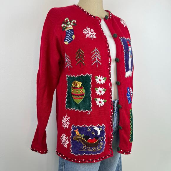 Cherokee Embroidered Holiday Christmas Button Front Cardigan Sweater (Sz M) - Picture 7 of 13